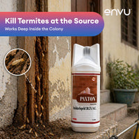 Paxton termite control spray with termites on wood and 'envu' branding.