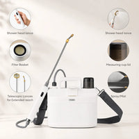 White spray bottle with various components highlighted on a beige background