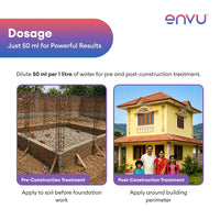 Advertisement for envu product showing pre-construction and post-construction treatment with a family and house.